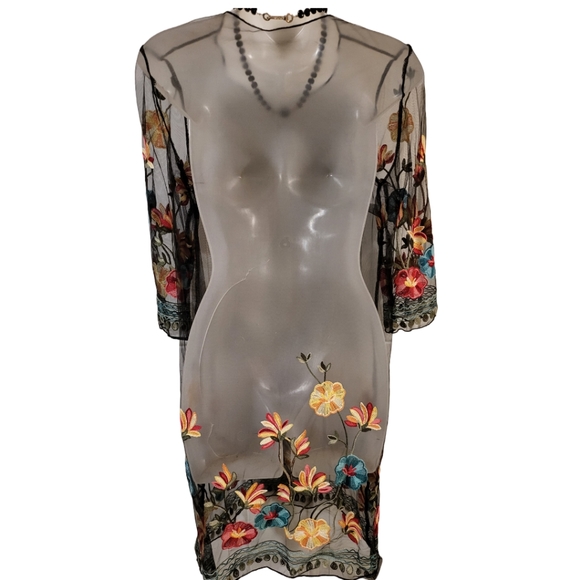 Floral Embroidered Sheer Dress Overlay or Swim Cover XS - Picture 6 of 7